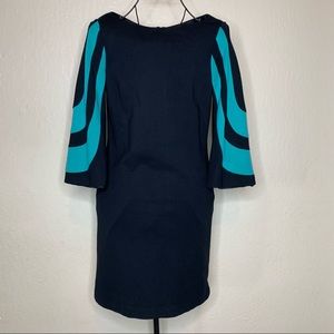 TRINA TURK   Black Turquoise Trumpet Sleeved Dress Dress